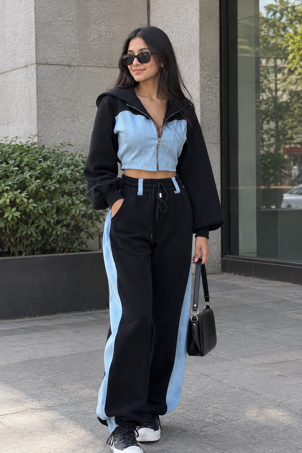 Black & Blue Colour-Block Hoodie and Wide-Leg Trouser Co-ord Set