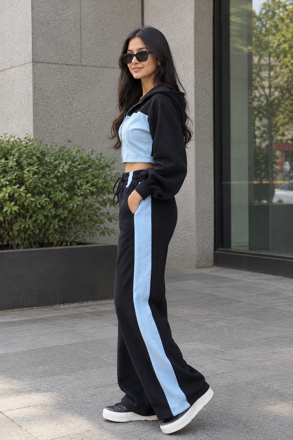 Black & Blue Colour-Block Hoodie and Wide-Leg Trouser Co-ord Set