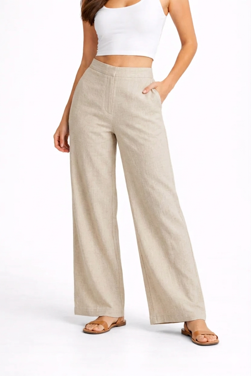 Wide Leg Cotton Pants - Beige
