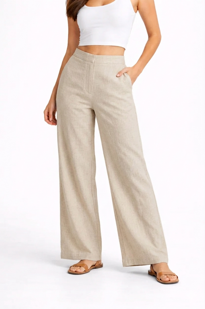 Wide Leg Cotton Pants - Beige