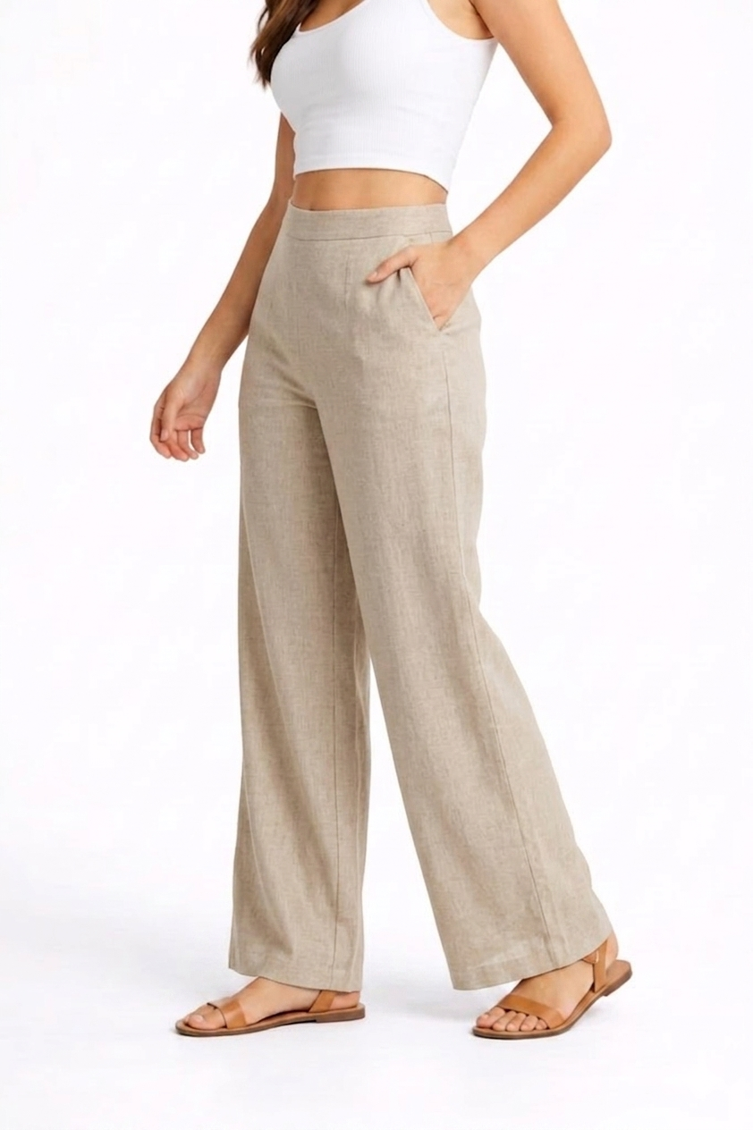 Wide Leg Cotton Pants - Beige