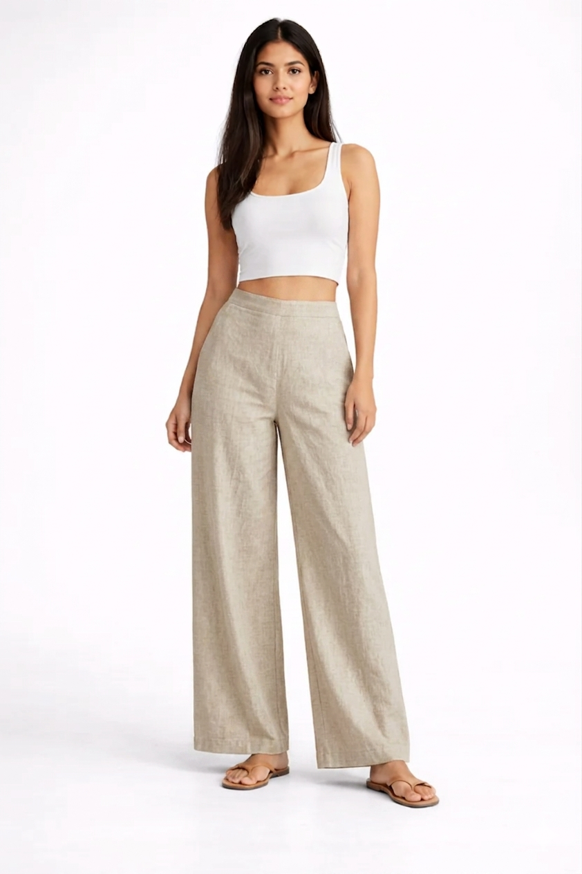 Wide Leg Cotton Pants - Beige