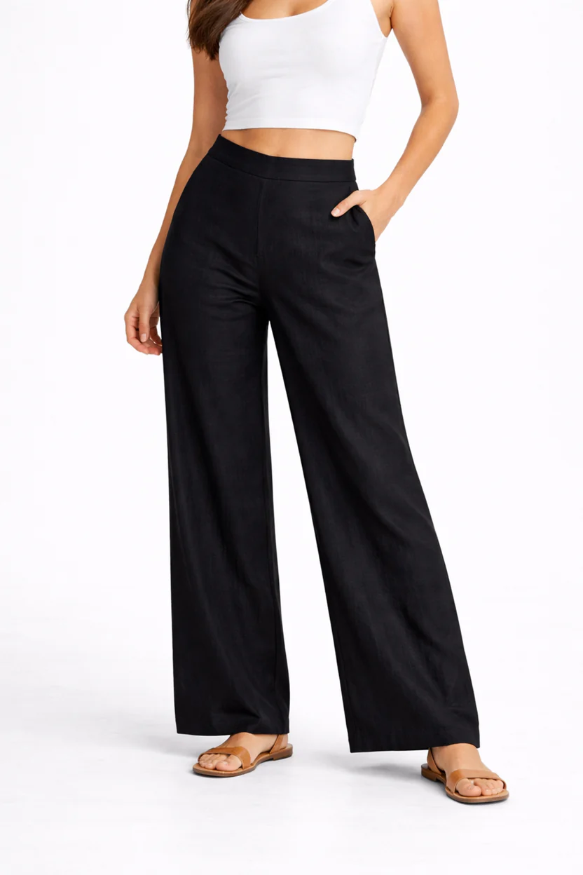 Wide Leg Cotton Pants - Black