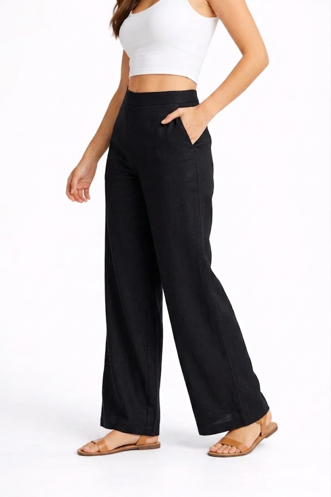 Wide Leg Cotton Pants - Black