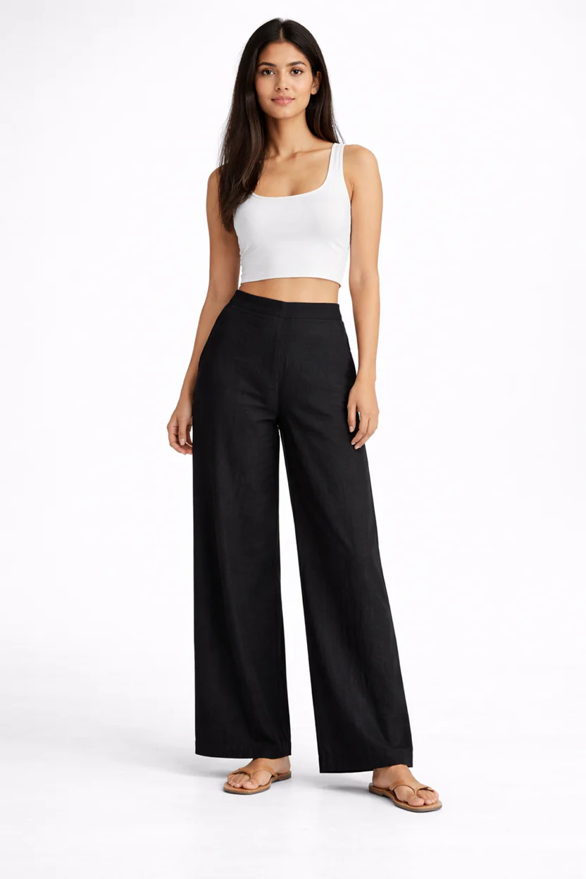 Wide Leg Cotton Pants - Black