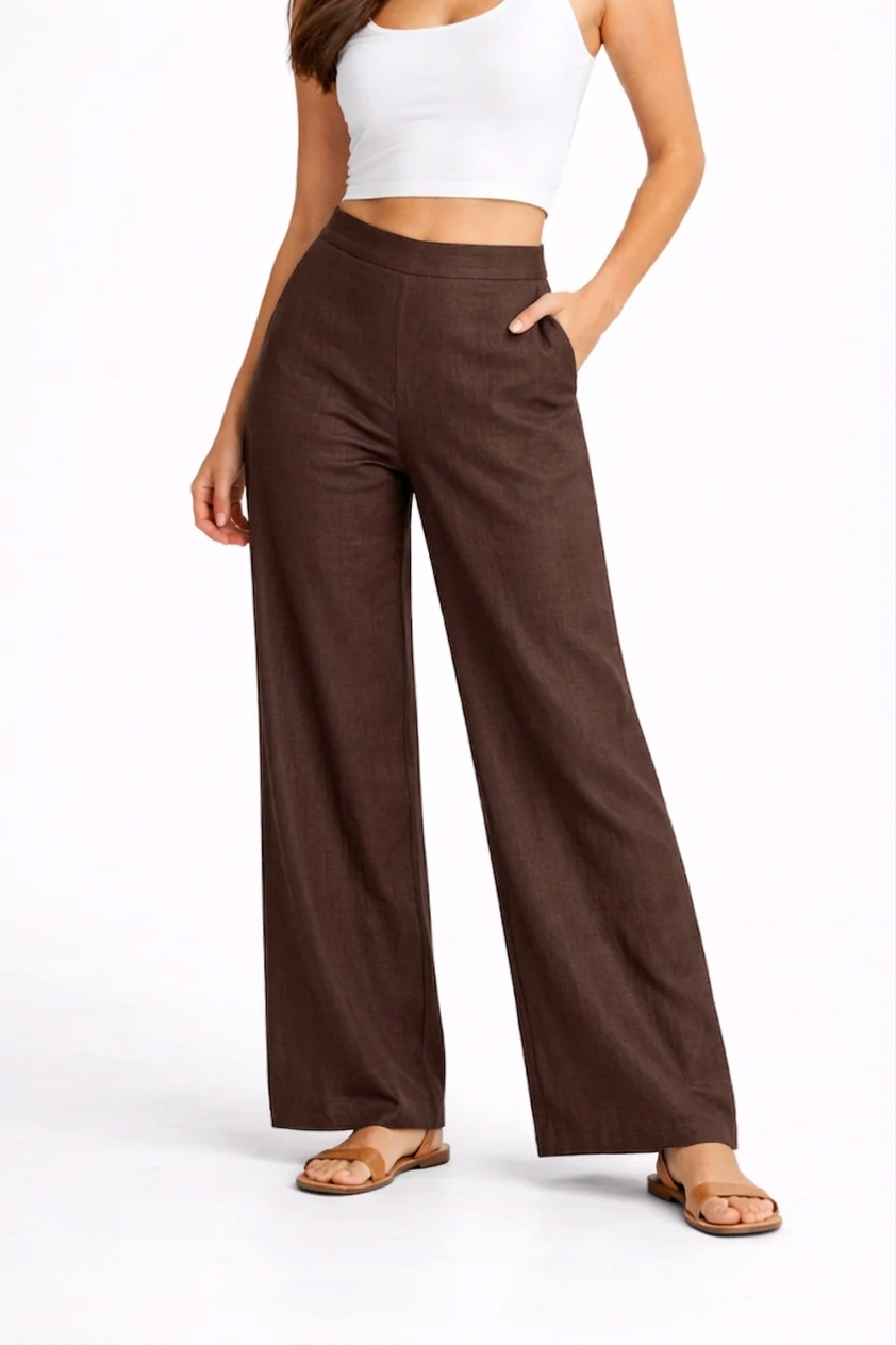 Wide Leg Cotton Pants - Brown