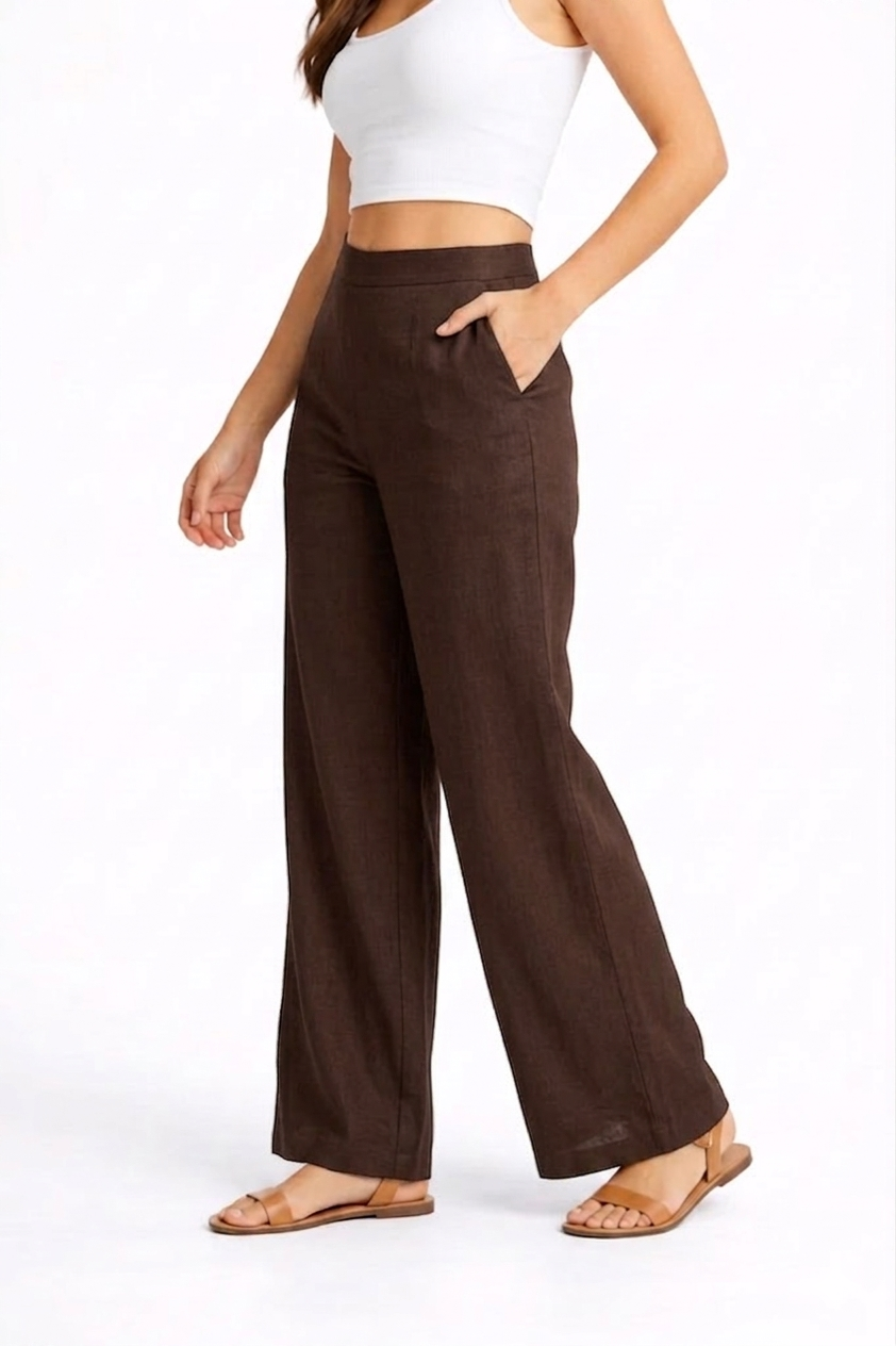 Wide Leg Cotton Pants - Brown
