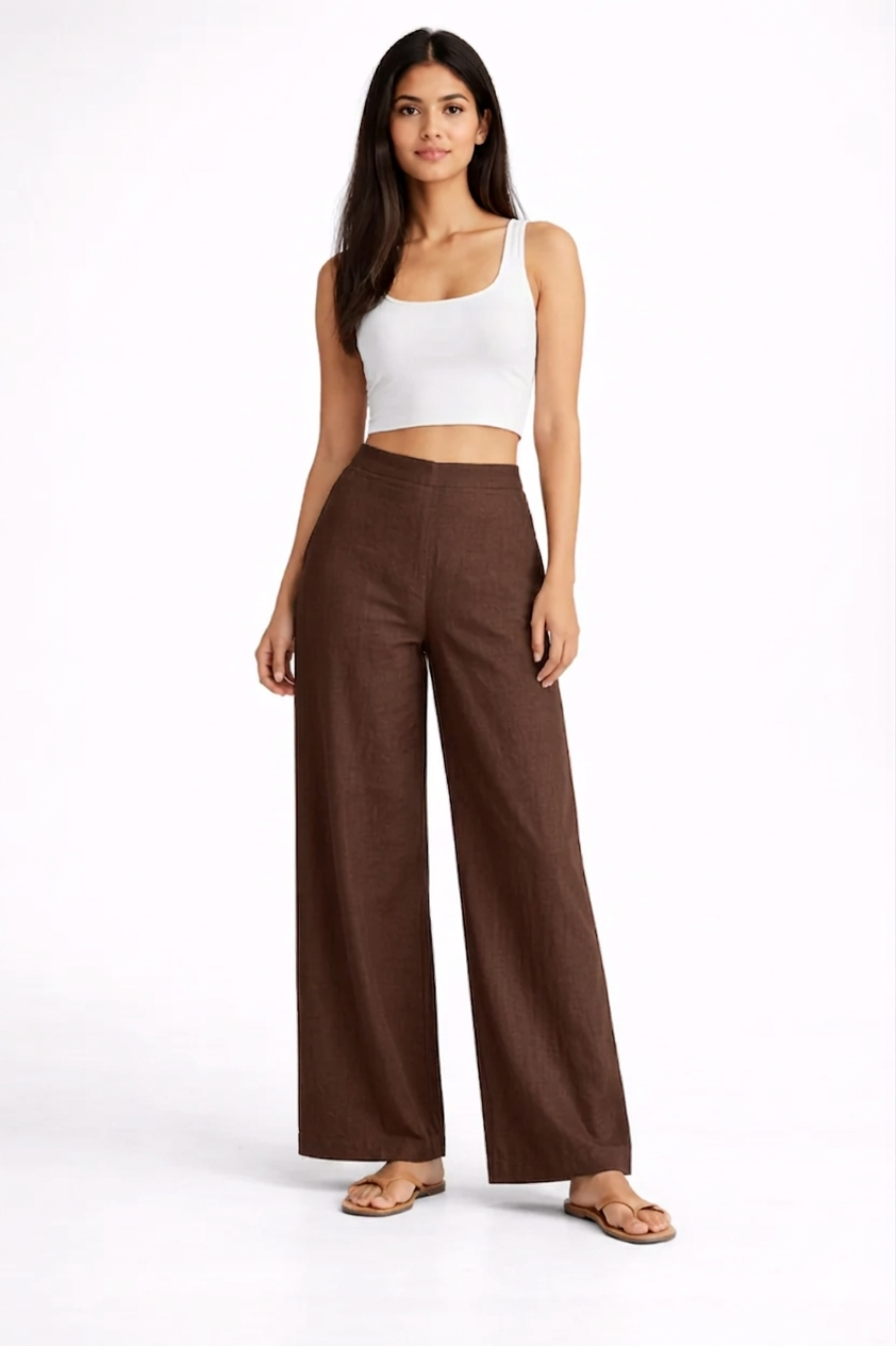 Wide Leg Cotton Pants - Brown