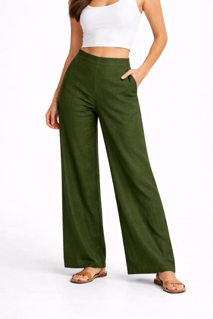 Wide Leg Cotton Pants - Mehndi Green