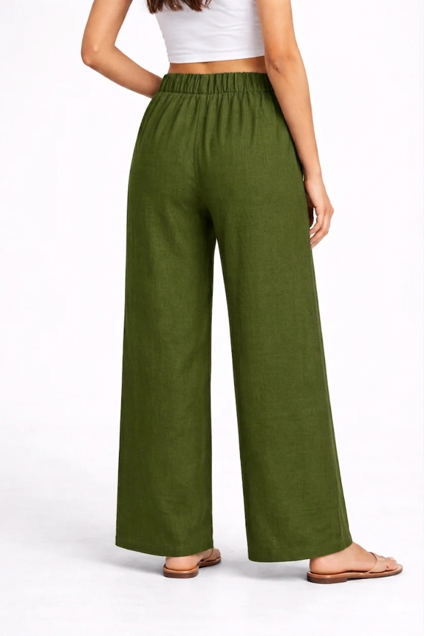 Wide Leg Cotton Pants - Mehndi Green