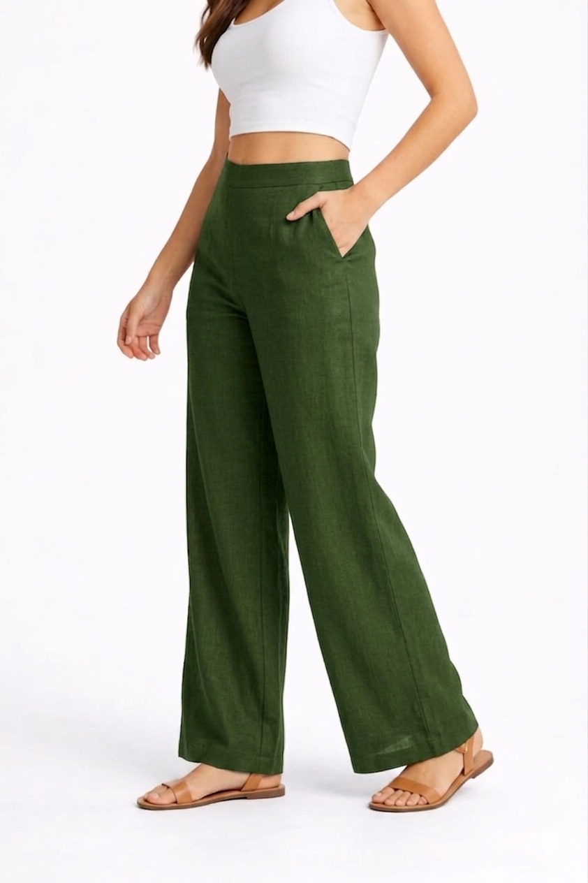 Wide Leg Cotton Pants - Mehndi Green