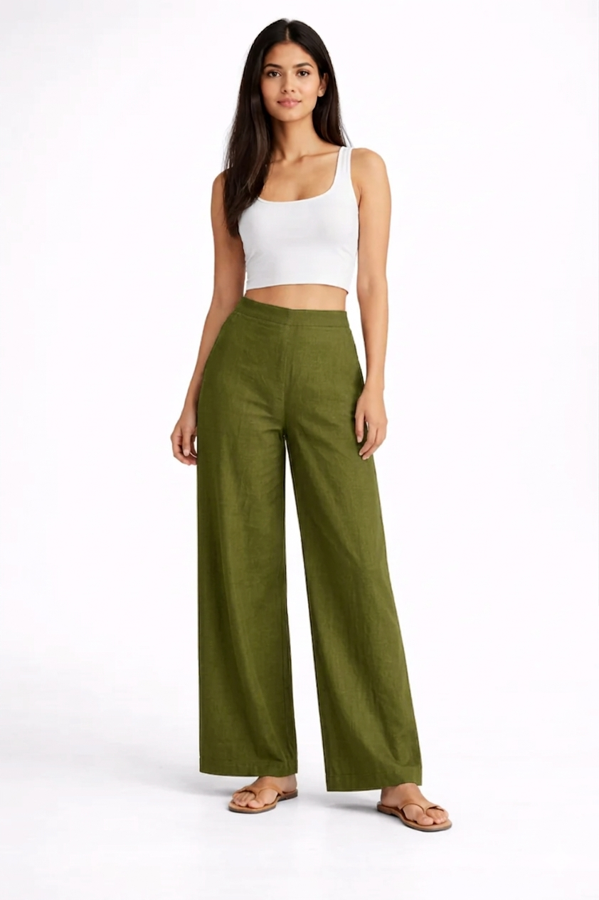 Wide Leg Cotton Pants - Mehndi Green