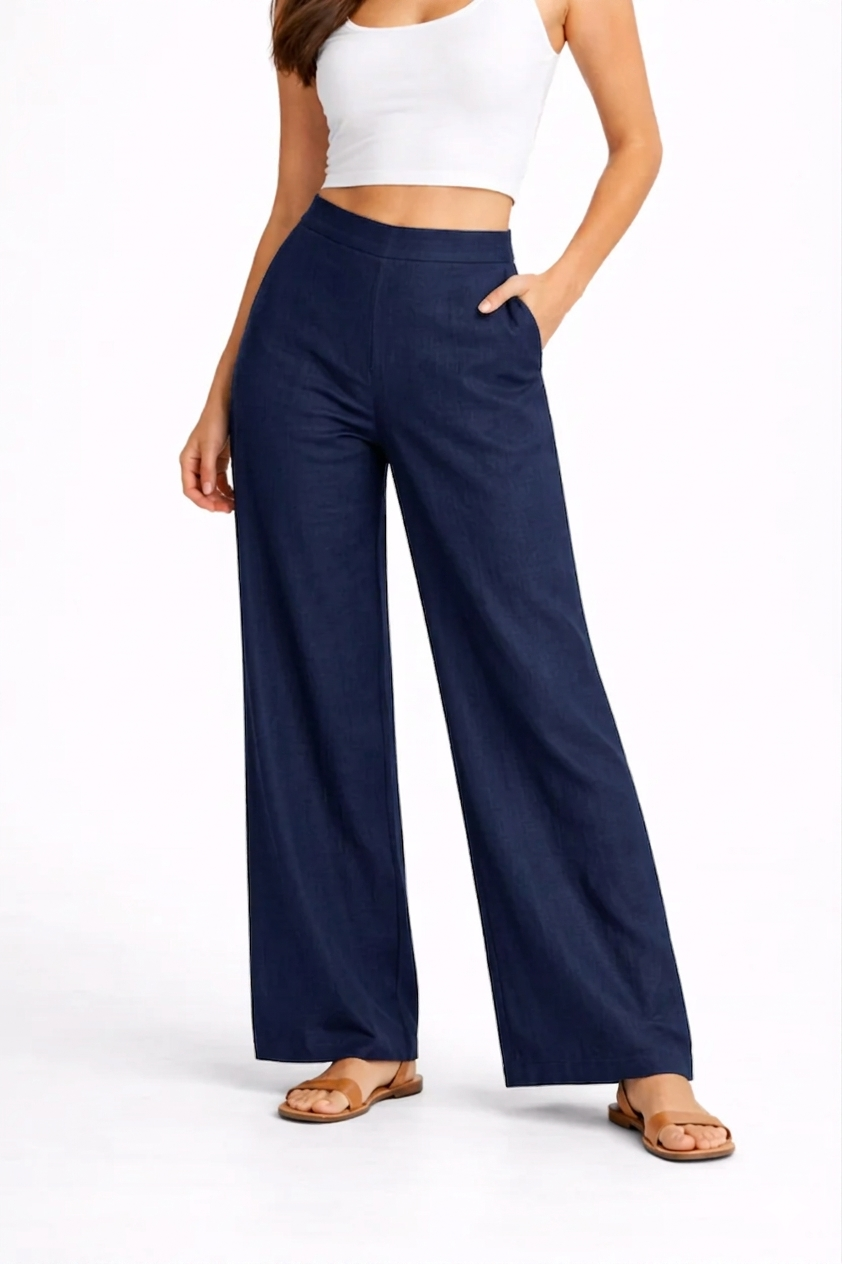 Wide Leg Cotton Pants - Navy Blue