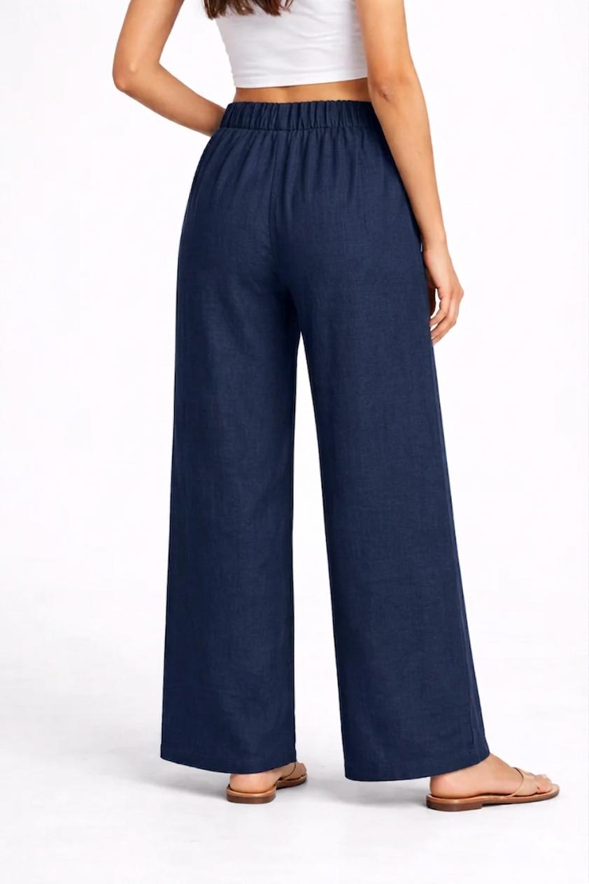 Wide Leg Cotton Pants - Navy Blue