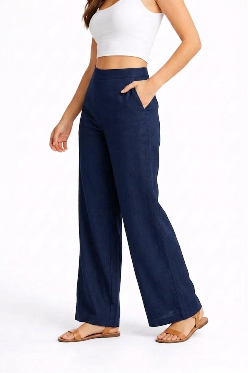 Wide Leg Cotton Pants - Navy Blue