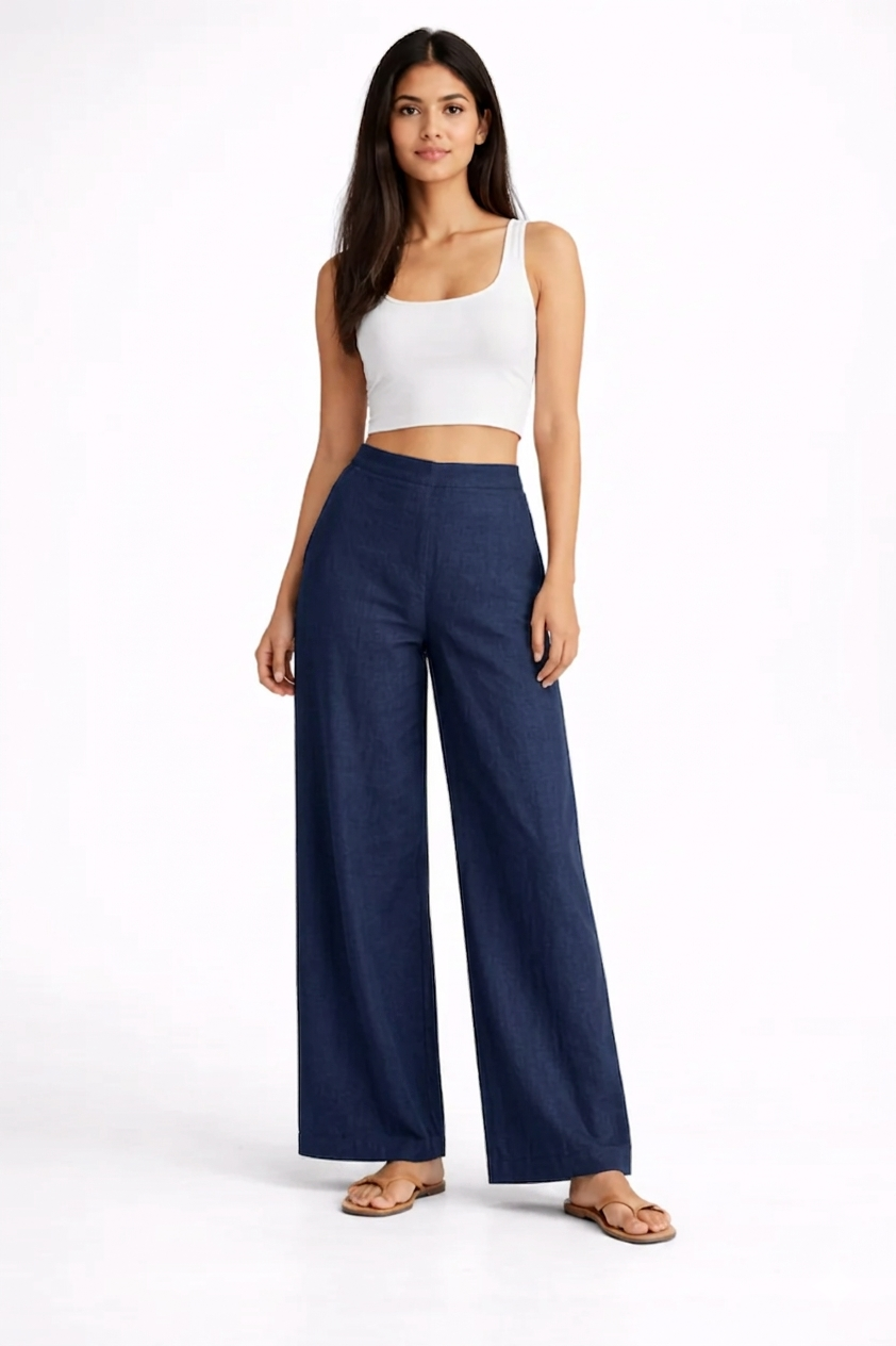 Wide Leg Cotton Pants - Navy Blue