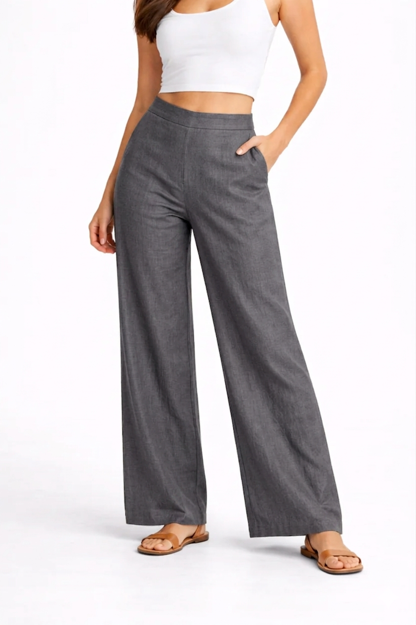 Wide Leg Cotton Pants - Grey