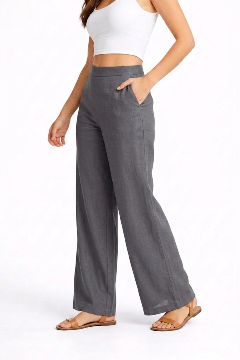 Wide Leg Cotton Pants - Grey
