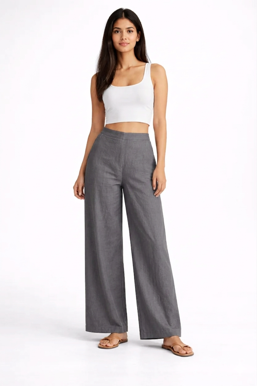 Wide Leg Cotton Pants - Grey