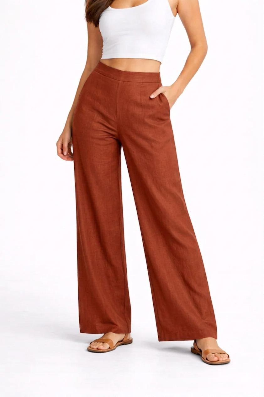 Wide Leg Cotton Pants - Rusty