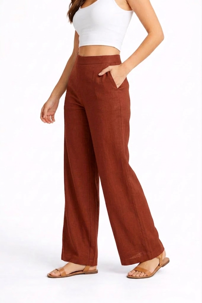 Wide Leg Cotton Pants - Rusty