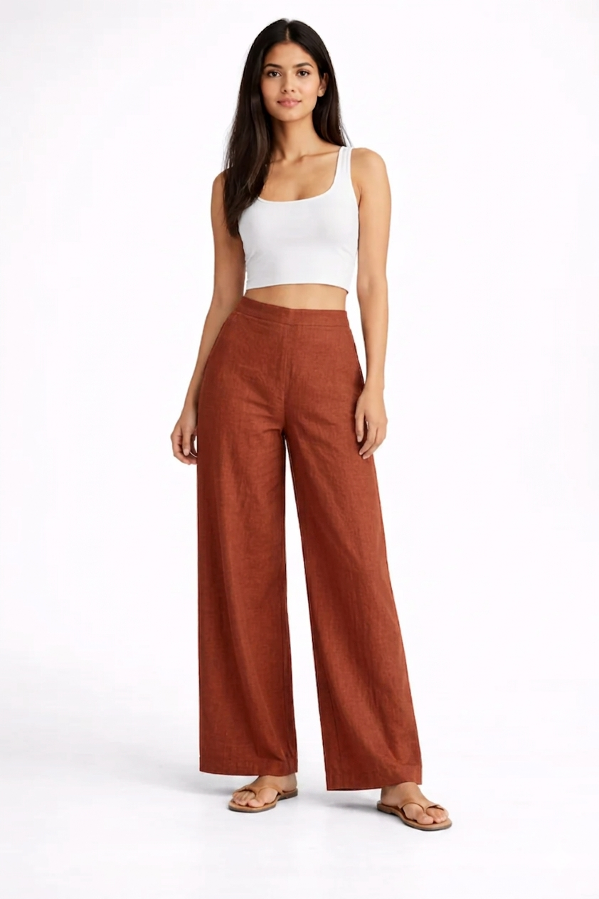 Wide Leg Cotton Pants - Rusty