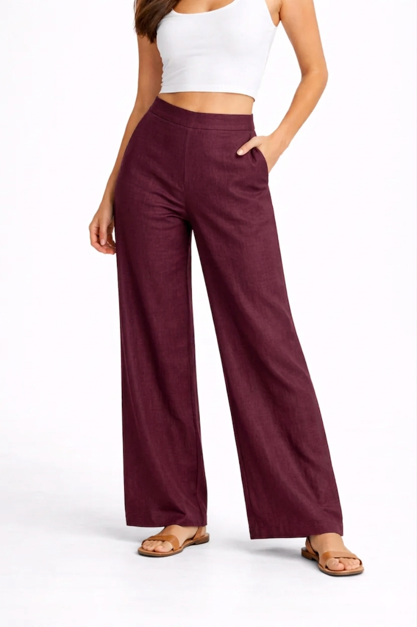 Wide Leg Cotton Pants - Wine