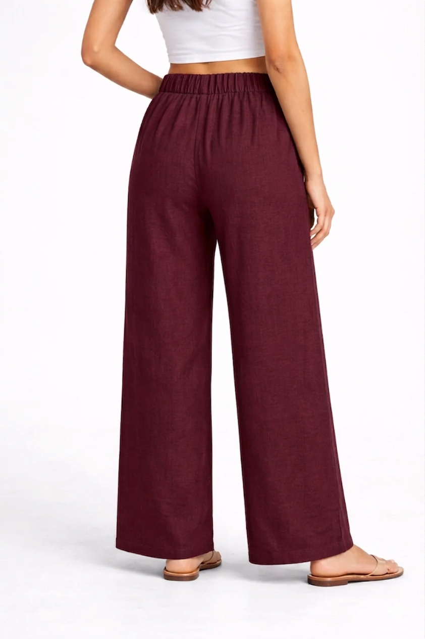 Wide Leg Cotton Pants - Wine