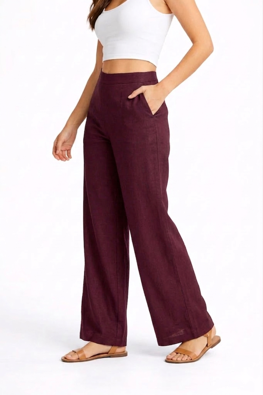 Wide Leg Cotton Pants - Wine
