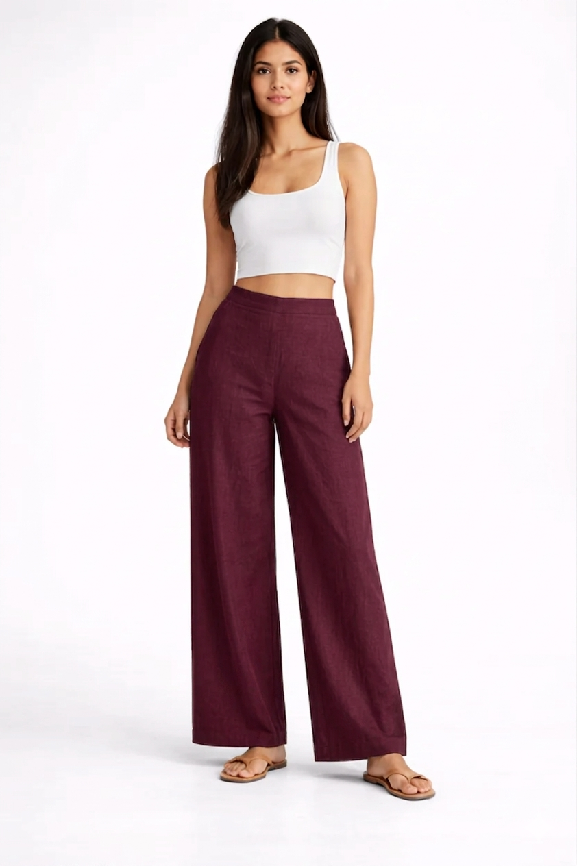 Wide Leg Cotton Pants - Wine