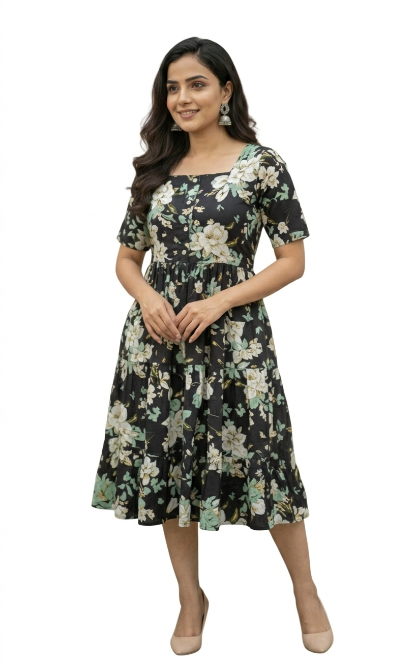 Midi Floral Dress - Black