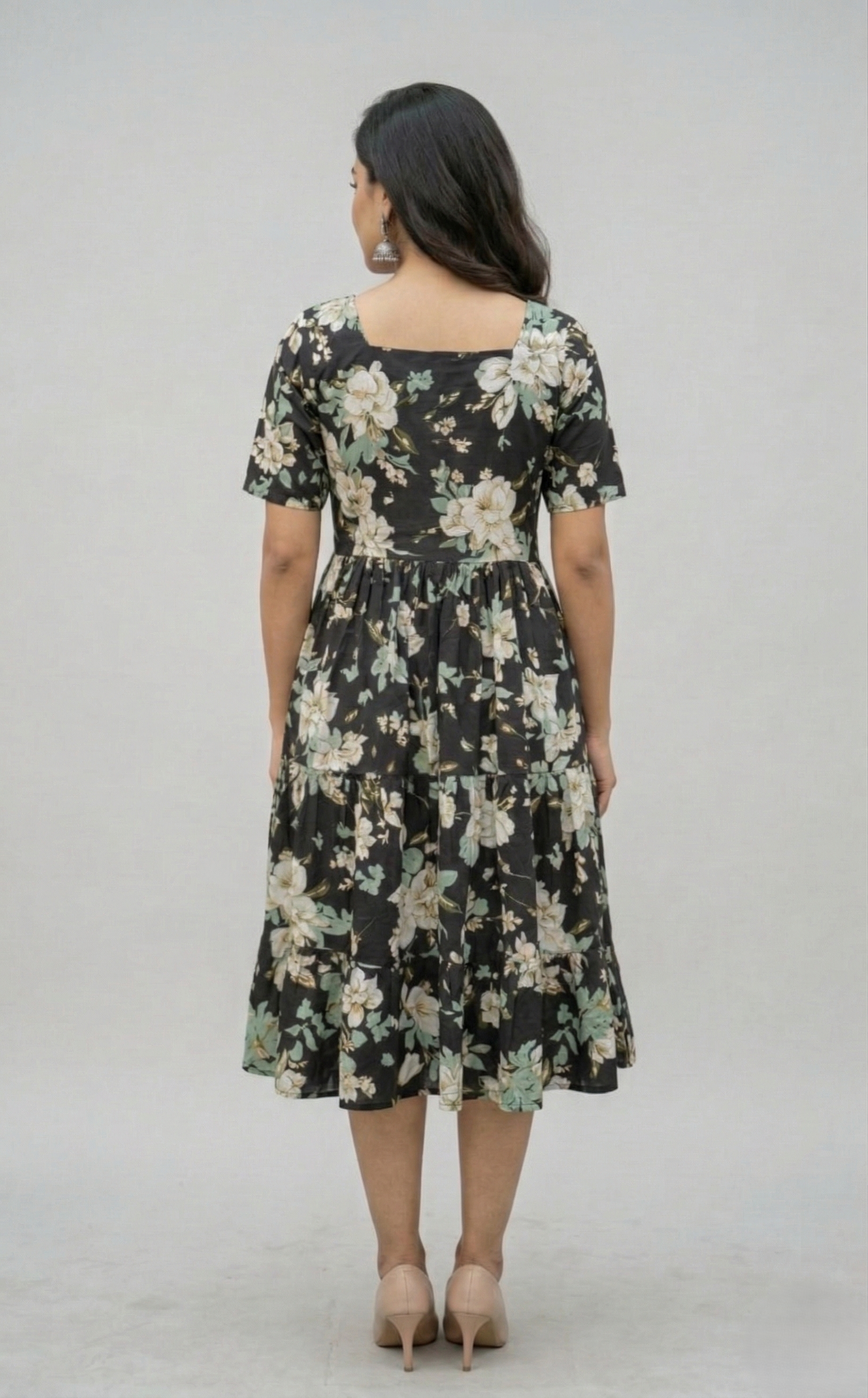 Midi Floral Dress - Black