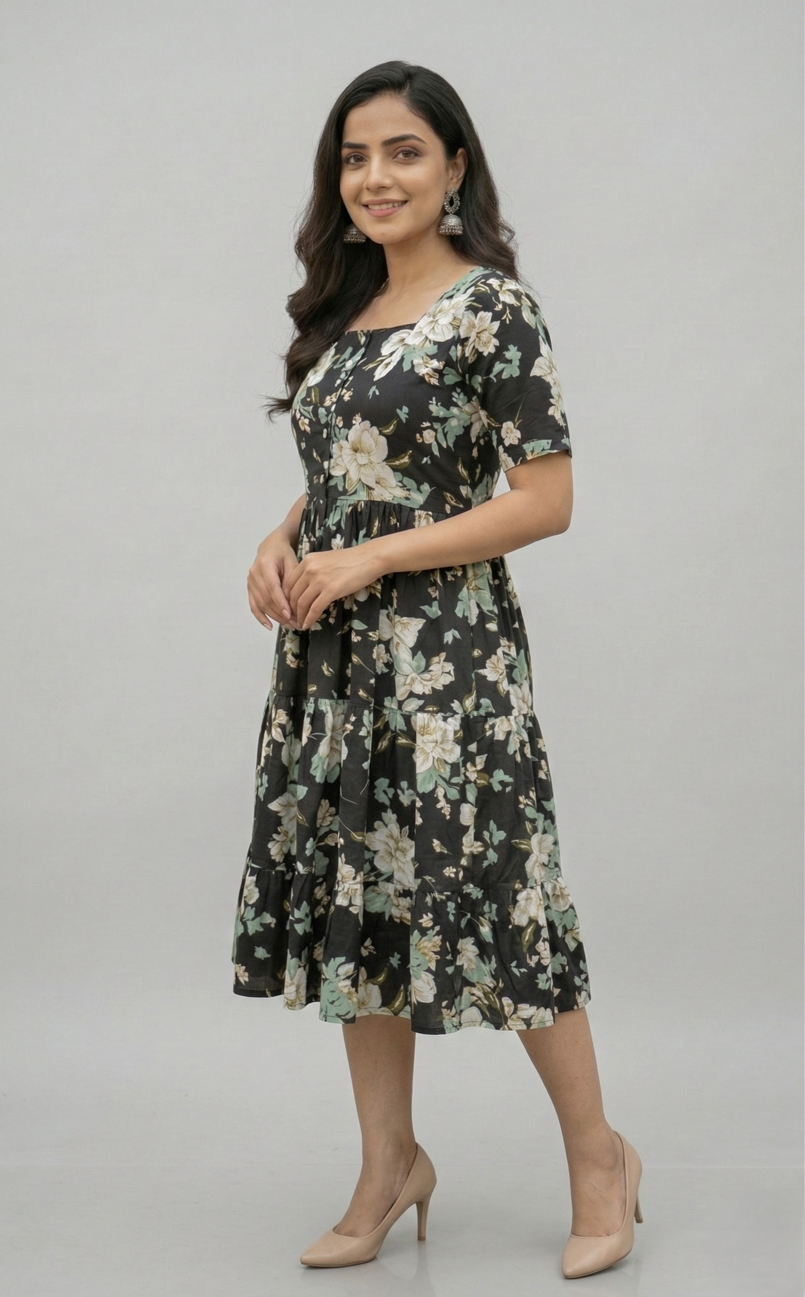 Midi Floral Dress - Black