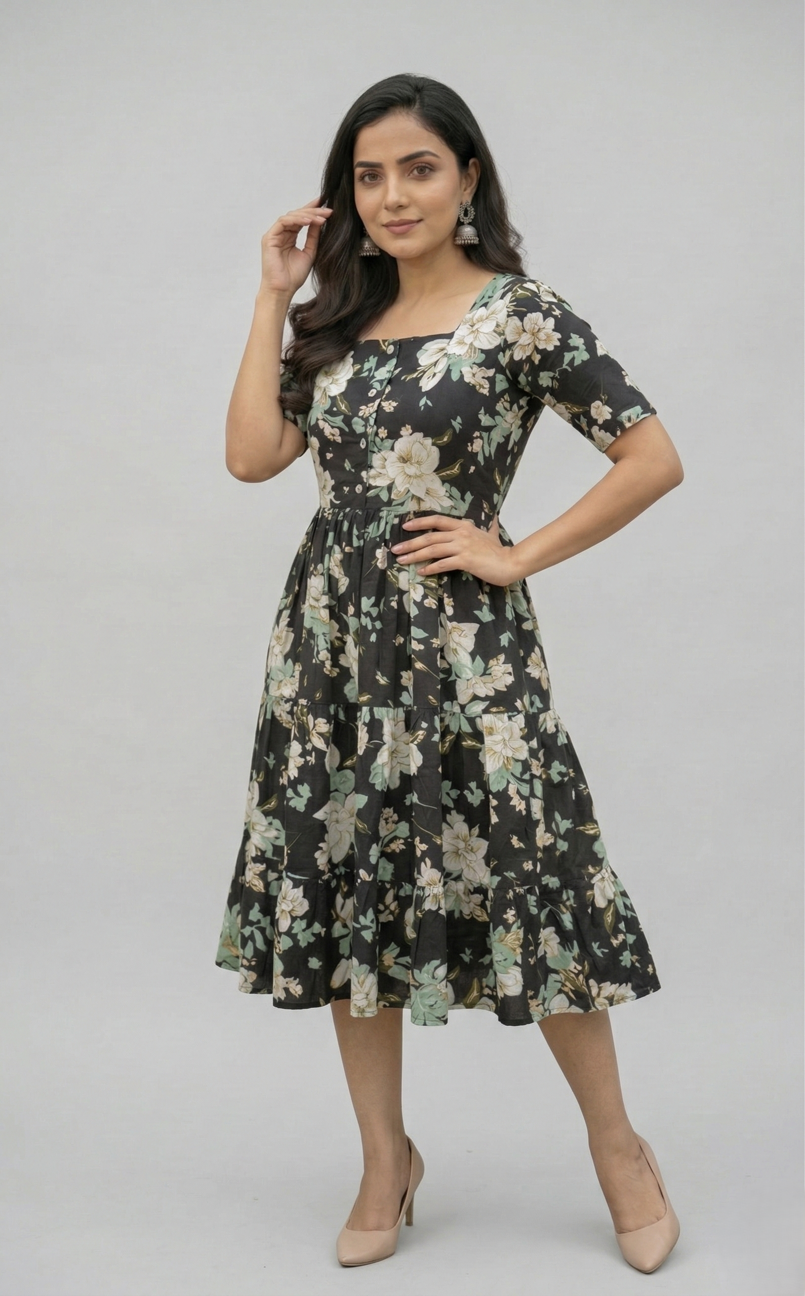 Midi Floral Dress - Black