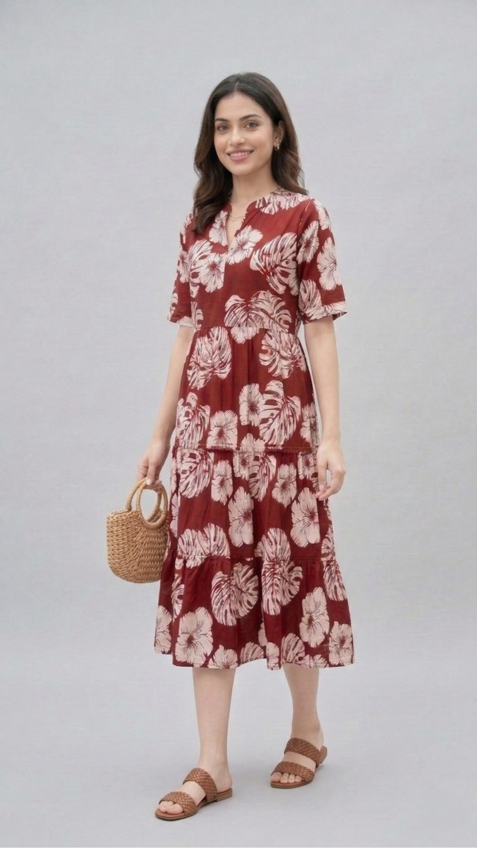 Midi Floral Dress - Maroon