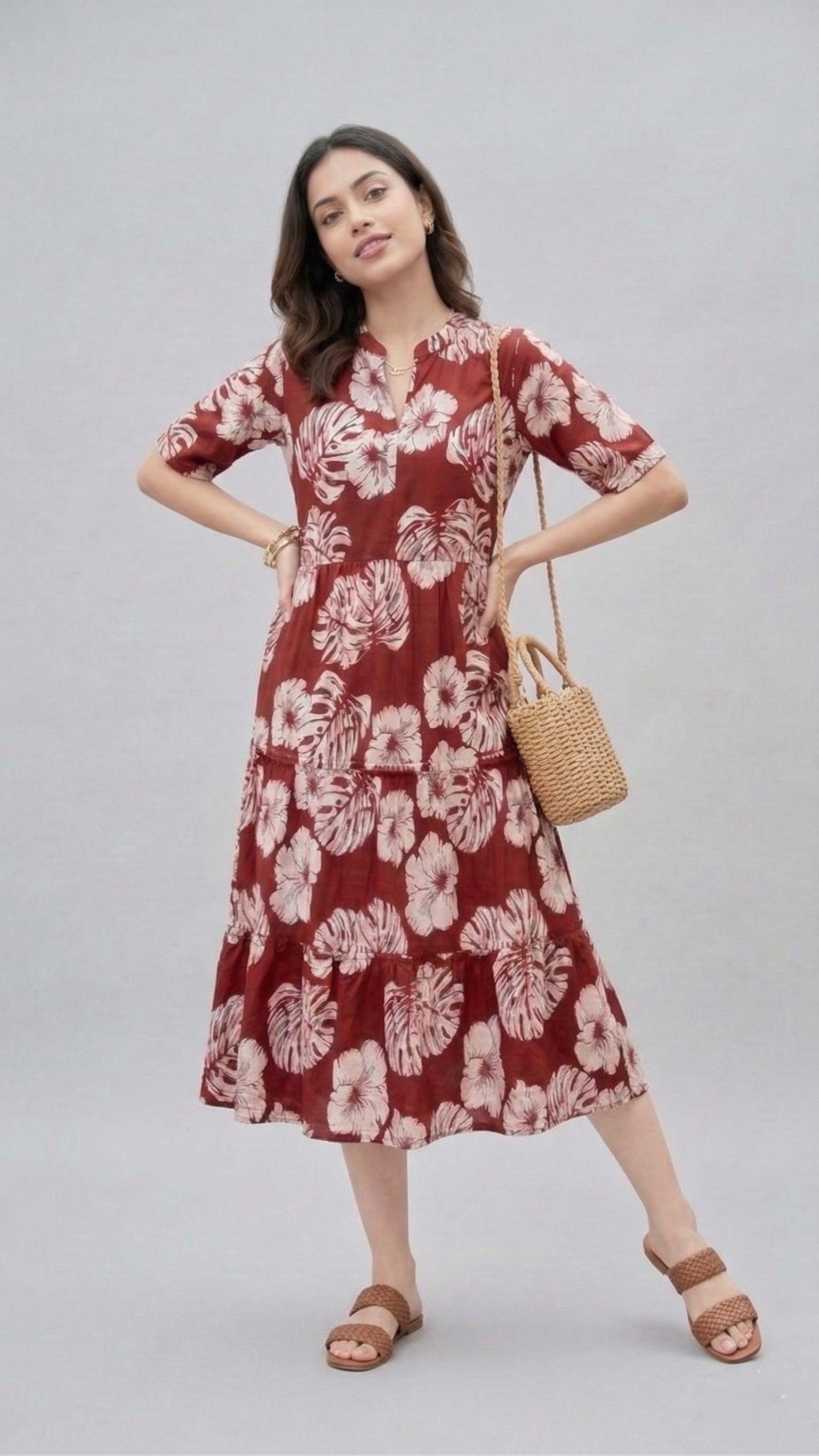 Midi Floral Dress - Maroon