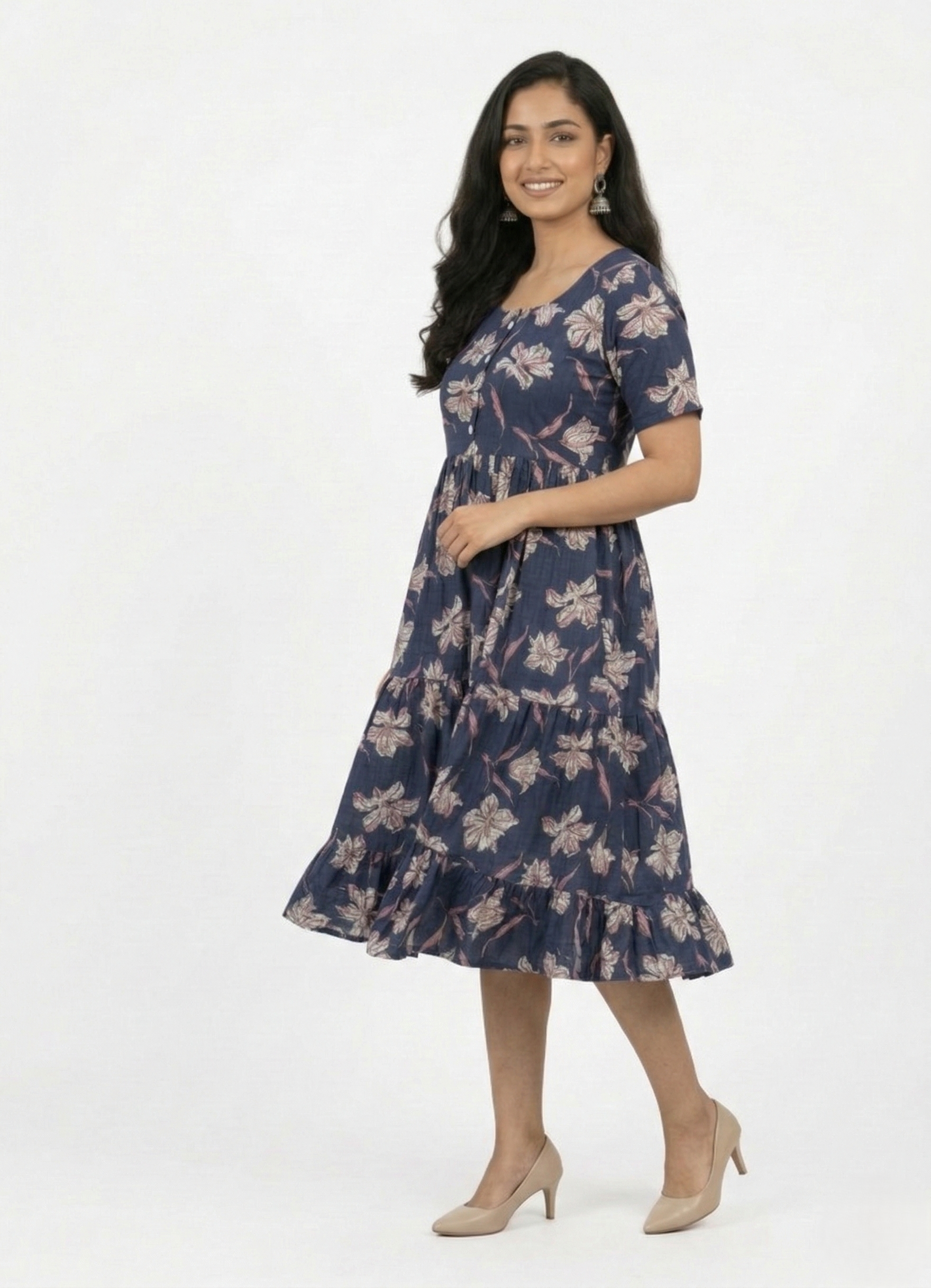 Midi Floral Dress - Navi