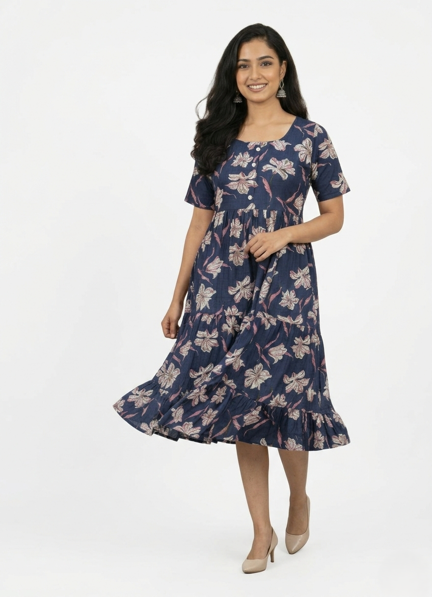 Midi Floral Dress - Navi