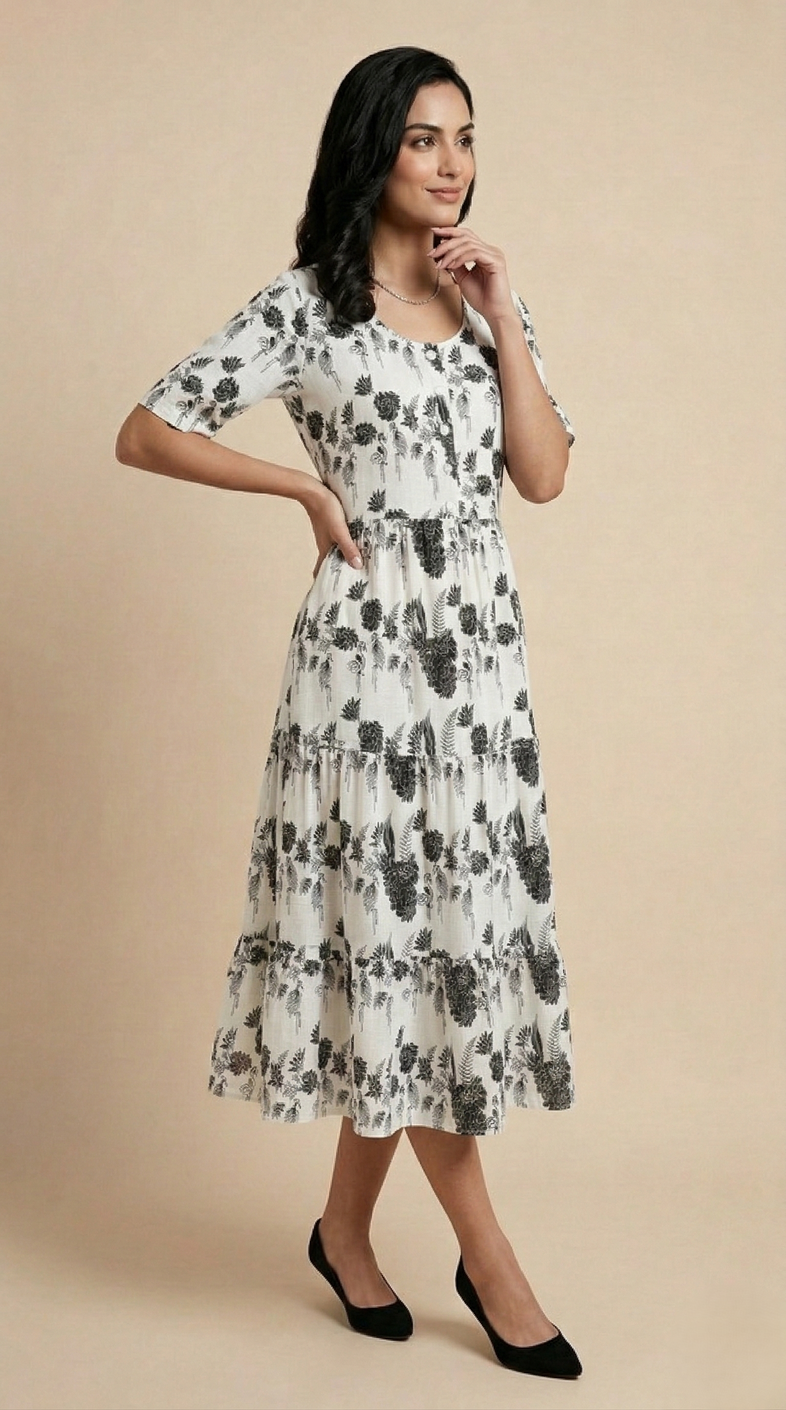 Midi Floral Dress - White
