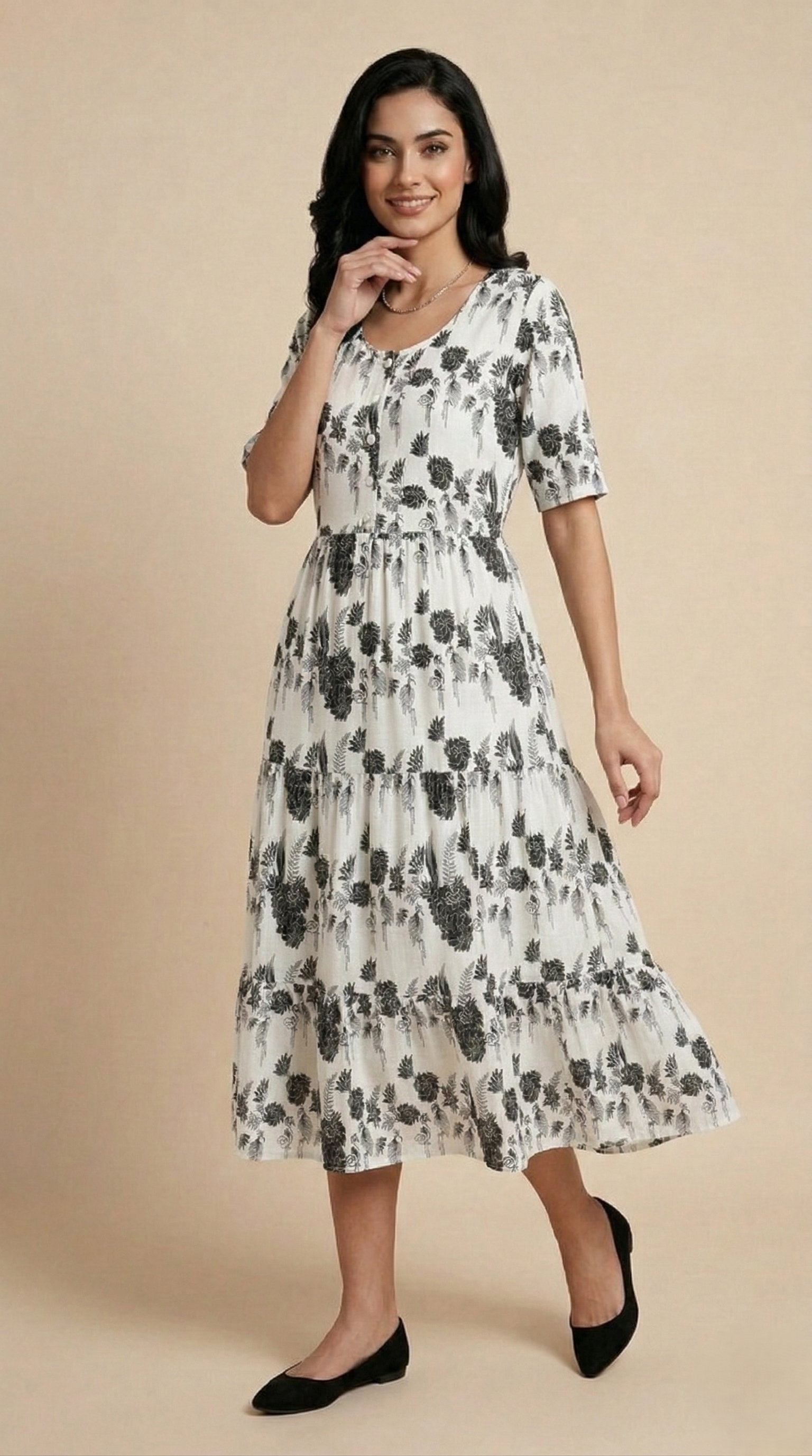 Midi Floral Dress - White