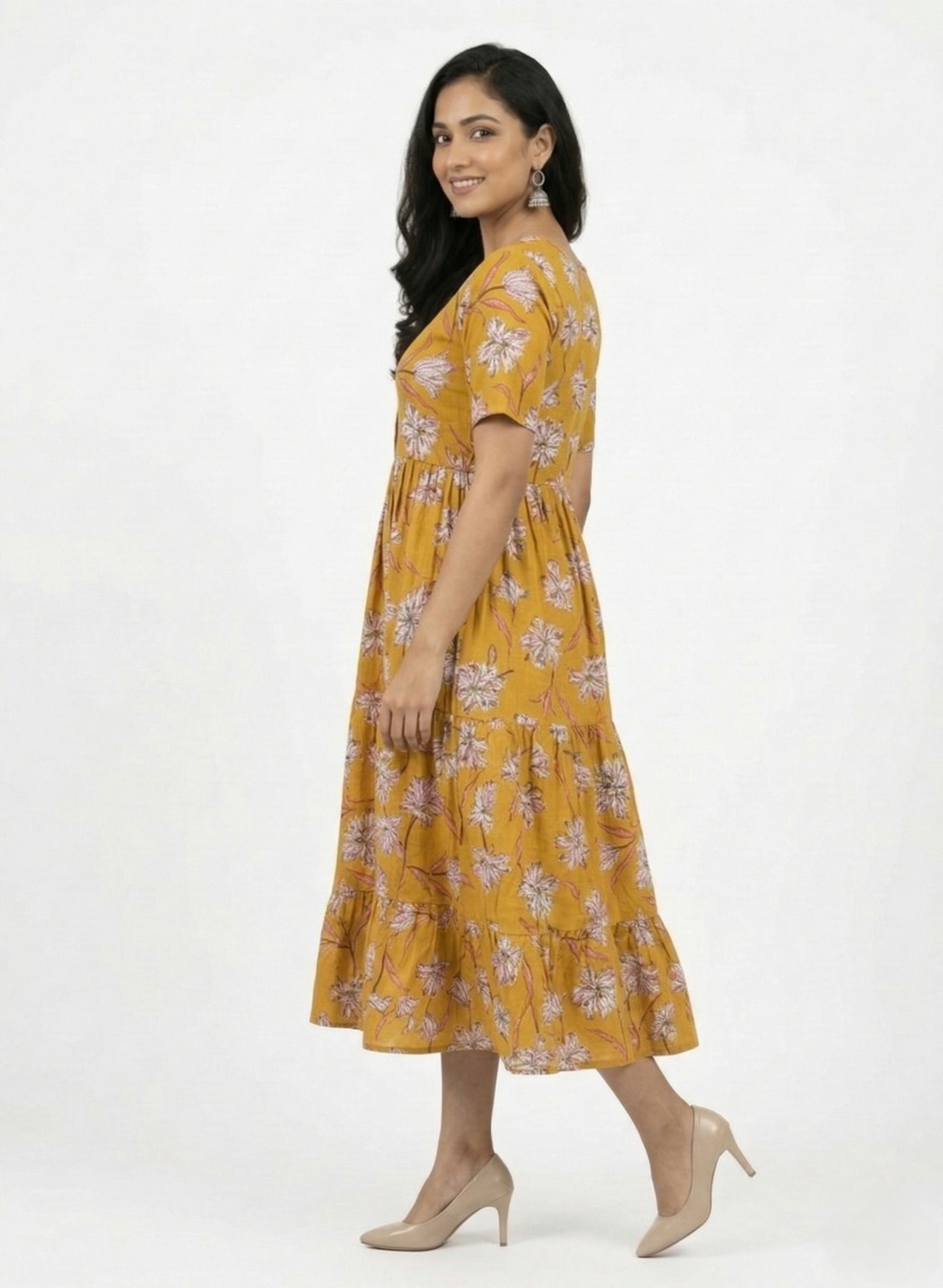 Midi Floral Dress - Mustard