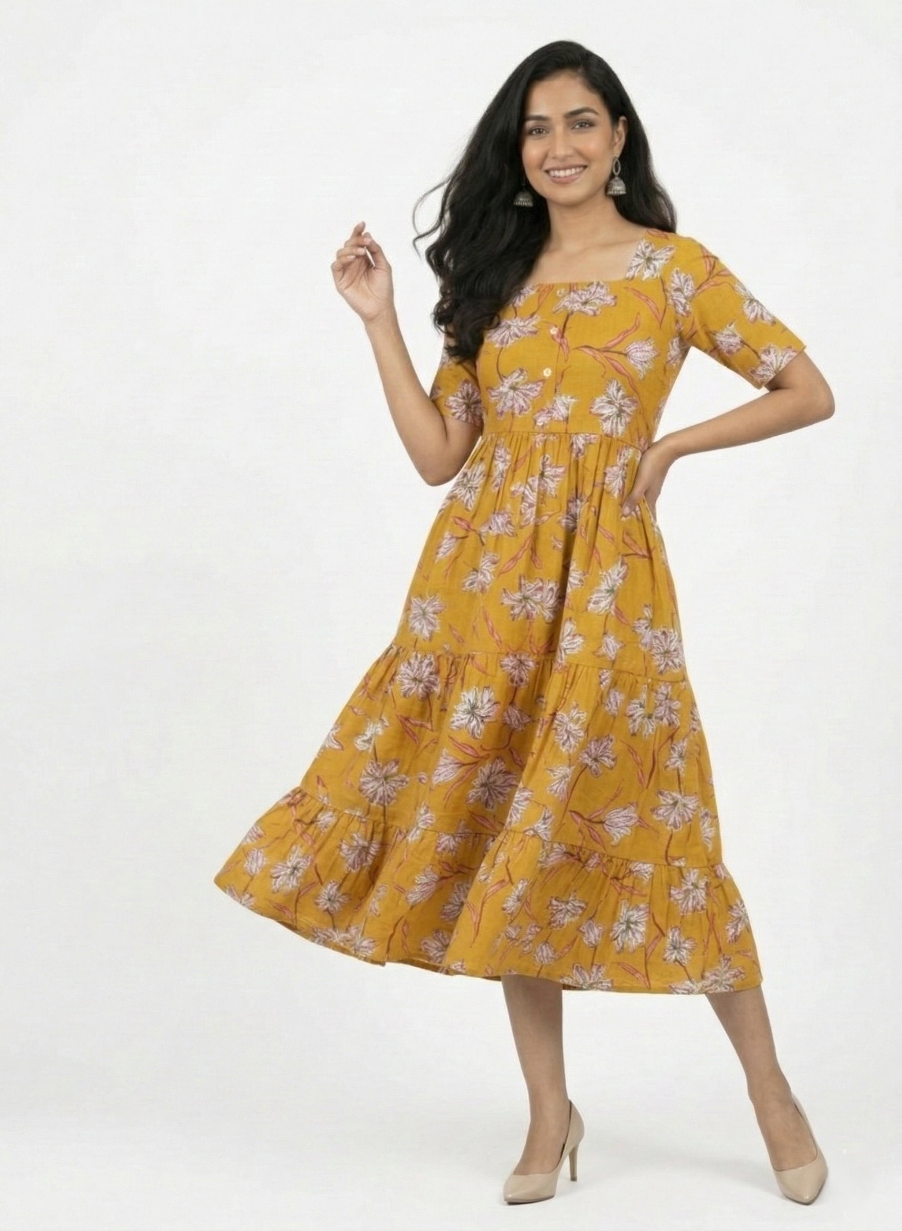 Midi Floral Dress - Mustard