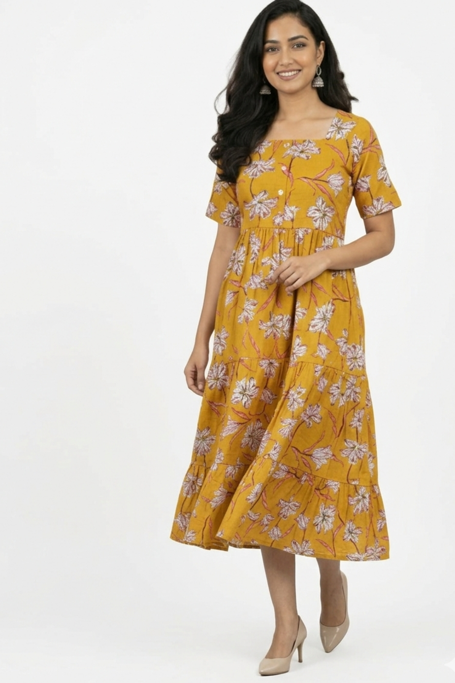 Midi Floral Dress - Mustard